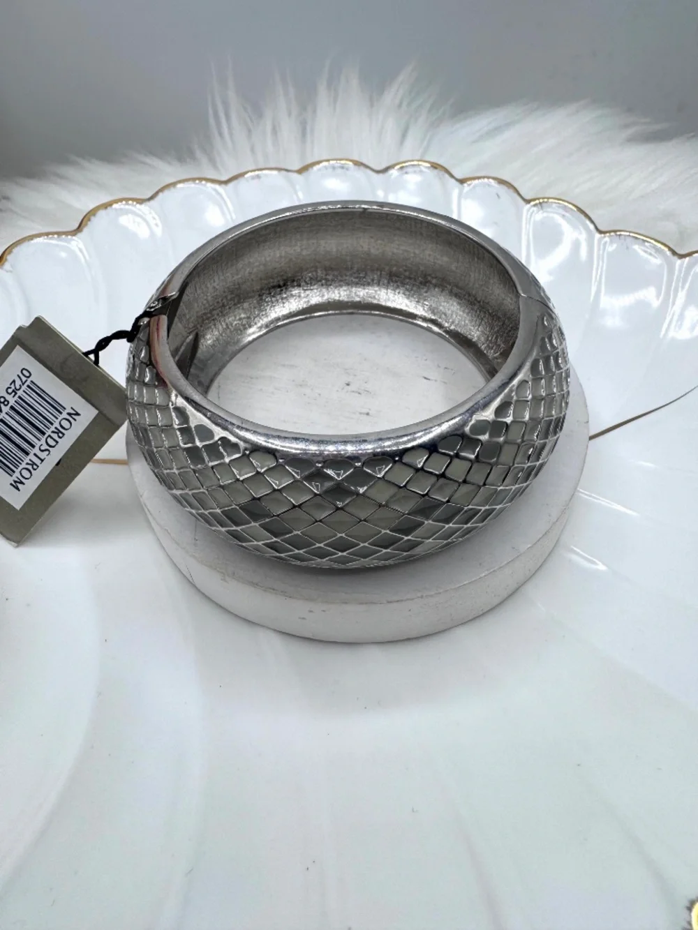 Silver Tone Mosaic Tile Wide Bangle Bracelet Statement Cuff Nordstrom - Picture 2 of 7